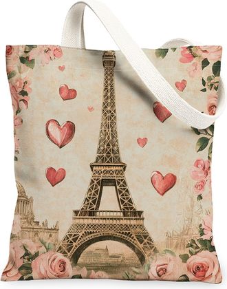 Generic Vintage Romantic Canvas Tote Bags, Paris Tower Hearts Floral Pattern Reusable Grocery Bags, Lightweight Washable Shoulder Strap Canvas for Travel Beac