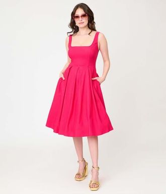 Unique Vintage Square Neck Pleated Swing Dress in Pink Solid at Nordstrom, Size X-Small