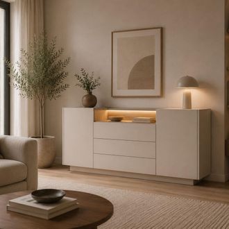 Dmora Credenza Haleli, Aparador 3 Cajones, 2 Estantes, Puertas Batientes, Correderas, 176x40x83h Cm Beige