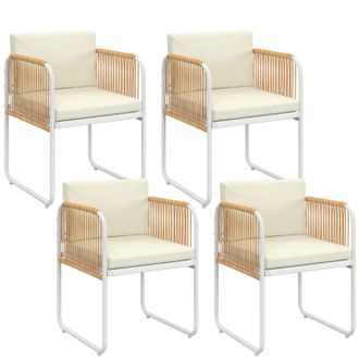 IDMarket Set Di 4 Sedie Rio Con Struttura In Metallo Bianco, Cordoncino Effetto Rattan Chiaro E Cuscini Beige