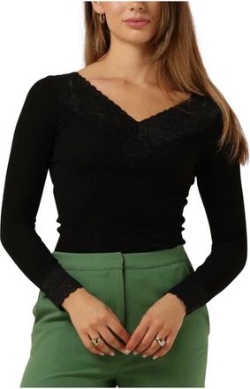 Rosemunde Bernadine V-hals T-shirt met kant - Dames - Truien - Zwart - Maat: L Katoen