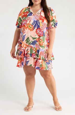 Sugarlips Hatley Floral Split Neck Minidress in Blue/pink/cream at Nordstrom, Size 3X
