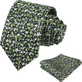 Alizeal Mens 8cm Floral Necktie and Pocket Square Small Flower Colorful Wedding Party Tie Set, Green+White