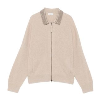 Brunello Cucinelli Truien & Vesten, Dames, Beige, S, Collar-Embellished Zip-Up Cardigan