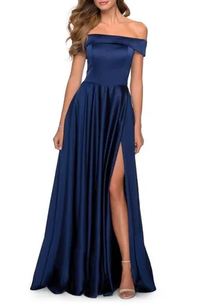 La Femme Satin Off the Shoulder Evening Dress with Pockets in Navy at Nordstrom, Size 10