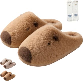 Generic Capybara Slippers for Women Men, 3D Plush Warm Non-Slip Couple Slippers, Soft Comfortable Bedroom Shoes (Khaki, Medium, Adult, Women, 9.5, Numeric Ran