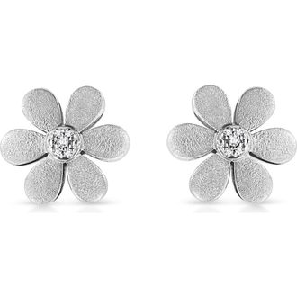 House of Brilliance Matte Finished Silver Diamond Accent Flower Hoop Stud Earring in White at Nordstrom