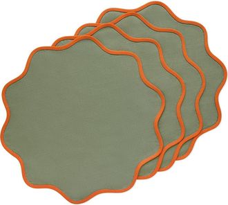 Solino Home Linen Placemats Set of 4, 16 Inch Round for Dining Table, Holiday and Everyday Table Decor - Giselle Scallop Edge in Persimmon Orange And