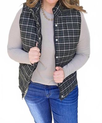 Staccato Check Plaid Snap Zipper Vest In Dark Green