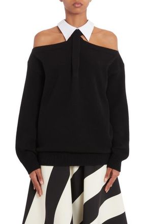 Valentino Cold Shoulder Virgin Wool Sweater in Nero/Bianco at Nordstrom, Size Xx-Small