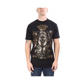 Philipp Plein Tops, Heren, Zwart, XL, Katoen, Round Neck T-Shirt Crest