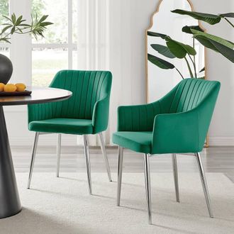 Furniturebox Set of 2 Calla Deep Padded Dining Chairs Upholstered in Soft Velvet With Silver Chrome Legs in Green