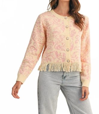 Merci Floral Fringed Sweater Cardigan In Pink/cream