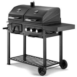 VonHaus Dual Fuel BBQ Charcoal or Gas with Warming Rack & Fold Down Shelf in Black