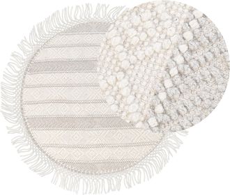Beliani Alfombra De Lana Beige 140 Cm Poli&eacute;ster A Mano Patr&oacute;n Geom&eacute;trico Borlas Baltalar