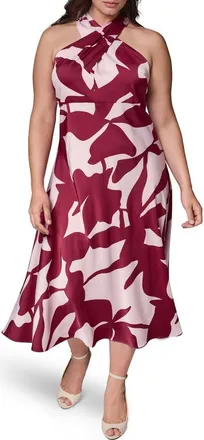 DKNY Print Twist Front Halter Midi Dress in Sangria/li at Nordstrom, Size 20W