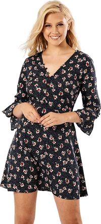 Generic Dressmechic Womens Black Floral Button Detail V Neck Mini Casual Dress