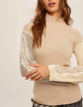 Hem & Thread Lottie Lace Sleeve Sweater In Beige