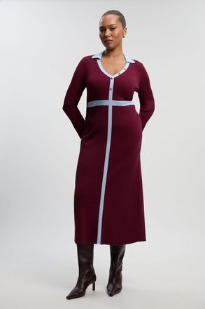 Karen Millen Womens Plus size Knit Rib With Contrast Waist Detail Collared Midi Dress - Burgundy Polyamide - Size X-Large
