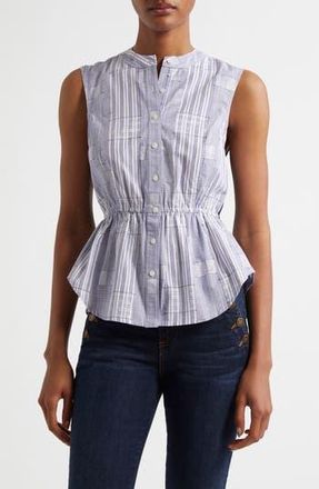 Ramy Brook Kezia Sleeveless Metallic Mixed Media Peplum Button-Up Shirt in Navy Patchwork at Nordstrom Rack, Size Xx-Small