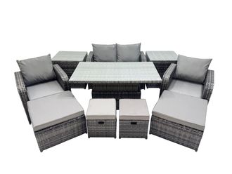 Fimous 8-seater Rattan Garden Furniture Dining Set with 2 Small Footstool in Dark Grey