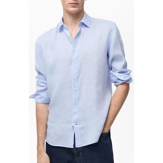 Mango Regular Fit Linen Button-Up Shirt in Sky Blue at Nordstrom, Size X-Large