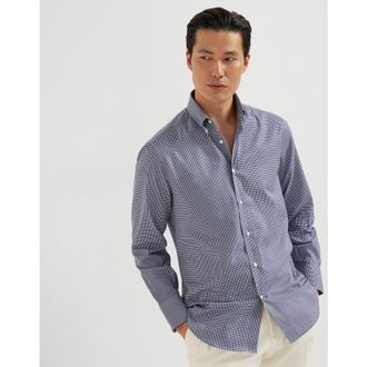 Brunello Cucinelli Mens Blue Cotton Check Button Down Shirt, Size XS