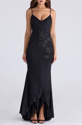 House of CB Anastelle Embellished Satin Mermaid Gown in Black at Nordstrom, Size X-Small