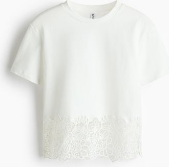 H&M T-Shirt mit Spitzenbesatz - White