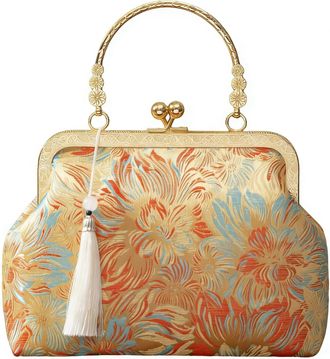 Generic Chinese Style Brocade Evening Bag, Retro Floral Pattern Clutch with Chain Strap, Gold Frame Kiss Lock Handbag with Tassel, Cheongsam Banquet Crossbody