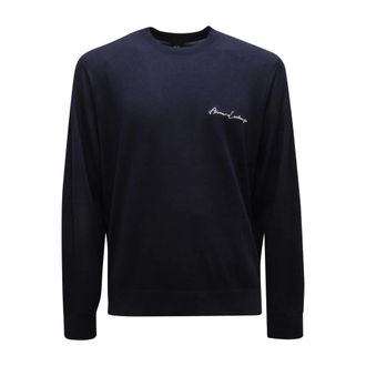 Armani Round-neck Knitwear, male, Blue, Size: 2XL Wool Blend Crew Neck Sweater with Chest Logo