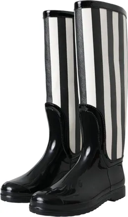 Dolce & Gabbana Womens Black Rubber Knee High Flat Boots Shoes And White