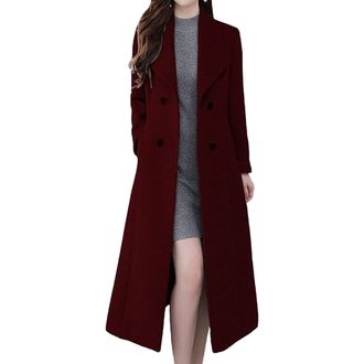 Generic Womens Fall Winter Long Wool Pea Coats Double Breasted Notched Lapel Trench Coat for Women Elegant Slim Overcoat, Wine Red, S