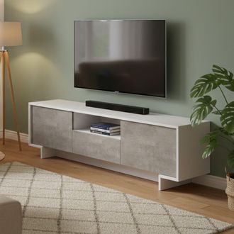 Dmora Dmora - Mueble Tv Andr&oacute;meda, Mueble Tv Para Sal&oacute;n, Aparador Bajo De Sal&oacute;n Con 2 Puertas Y 1 Caj&oacute;n, 100% Made In Italy, 170x42h48 Cm, Blanco Y Cemento,