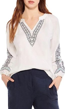Nic+Zoe Nic+Zoe Solstice Top Womens White Embroidered V-Neck Long Sleeve FROG157
