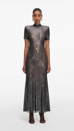 Self Portrait Rhinestone Mesh Midi Dress In Grey