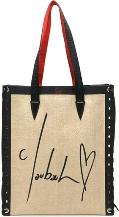 Christian Louboutin Beige Black Red Color Raffia Canvas Leather Shoulder Bag Tote Bag (Pre-Owned)