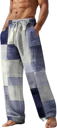 Generic Mens Linen Beach Pants, Colorblocked Drawstring Hawaii Yoga Trousers with Novelty Print, Elastic Waist Summer Straight Leg Pants, Loose Fit Light Beac