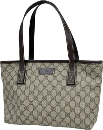 Gucci Beige Brown Coated Canvas Leather Tote Bag (Pre-Owned)