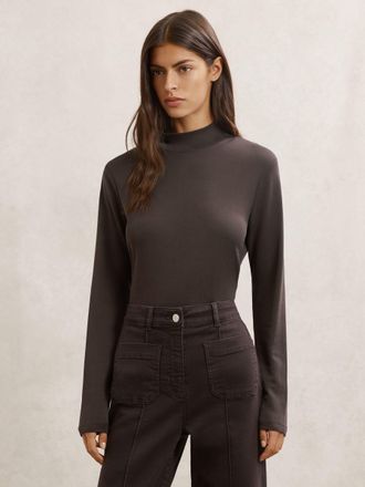 Reiss Chocolate Brown Lyocell-blend Funnel-neck Top, XS