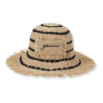 Ganni Accessoires, Dames, Beige, ONE Size, Gestreepte Raffia Bucket Hat