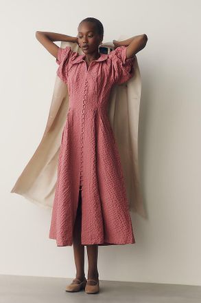 English Factory Puff-Sleeve Textured Midi Shirtdress