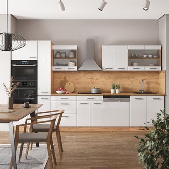 Vicco Mueble De Cocina R-line, Blanco Brillo Intenso/roble Dorado, 350 Cm Con Armario Alto, Sin Encimera