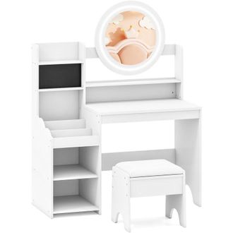 Costway Kids Dressing Table with Mirror Lights Storage Shelves Rings Slots Upholstered Stool White