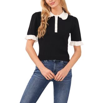 CeCe by Cynthia Steffe Contrast Trim Short Sleeve Polo Sweater in Rich Black at Nordstrom, Size X-Small