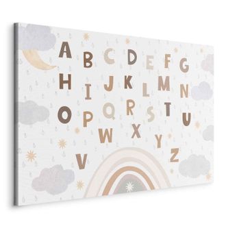 OEM Imagen - Letras Sobre El Arco&iacute;ris - Letras Entre La Lluvia Y Las Nubes Con Un Arco&iacute;ris, Luna Y Estrellas Sobre Un Fondo Claro/letras En Colores Tenues