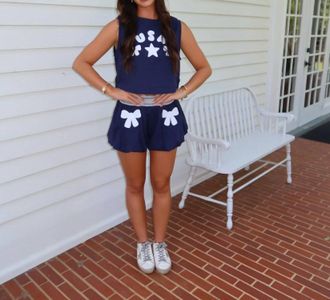 Peach Love California Bow Contrast Waist Bubble French Terry Shorts In Blue