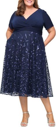 Alex Evenings Tea Length Embroidered Mesh Dress in Navy at Nordstrom, Size 20W