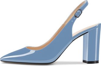 Castamere Women High Chunky Block Heel Pointed Toe Slingback Pumps Court Shoe Slip-on Ankle Strap Dress Clear Sandals 8.5 CM Heels Light Blue 3.5 UK