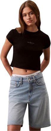 Calvin Klein Gestreepte crop-top met enkel logo voor dames (Zwart)